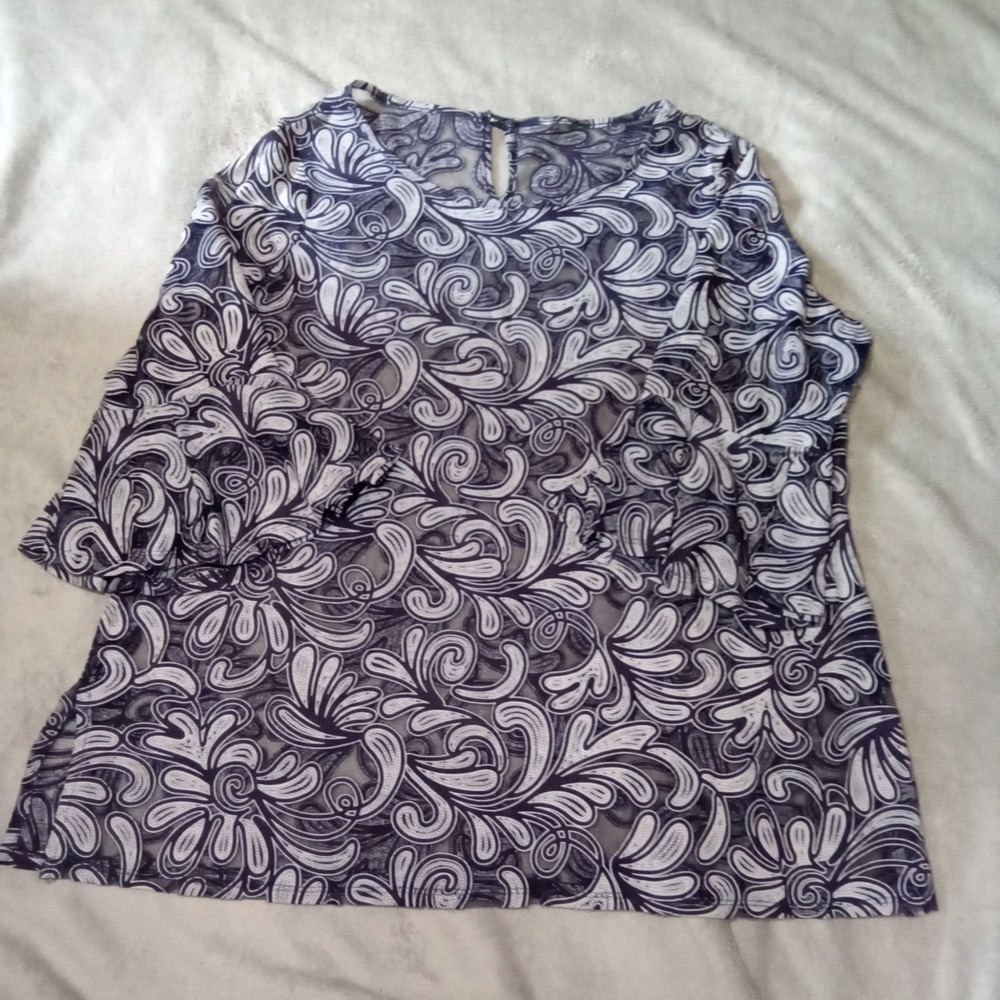 Navy White Paisley Mesh Bell Sleeve Blouse Sheer Boho Top Round Neck Keyhole